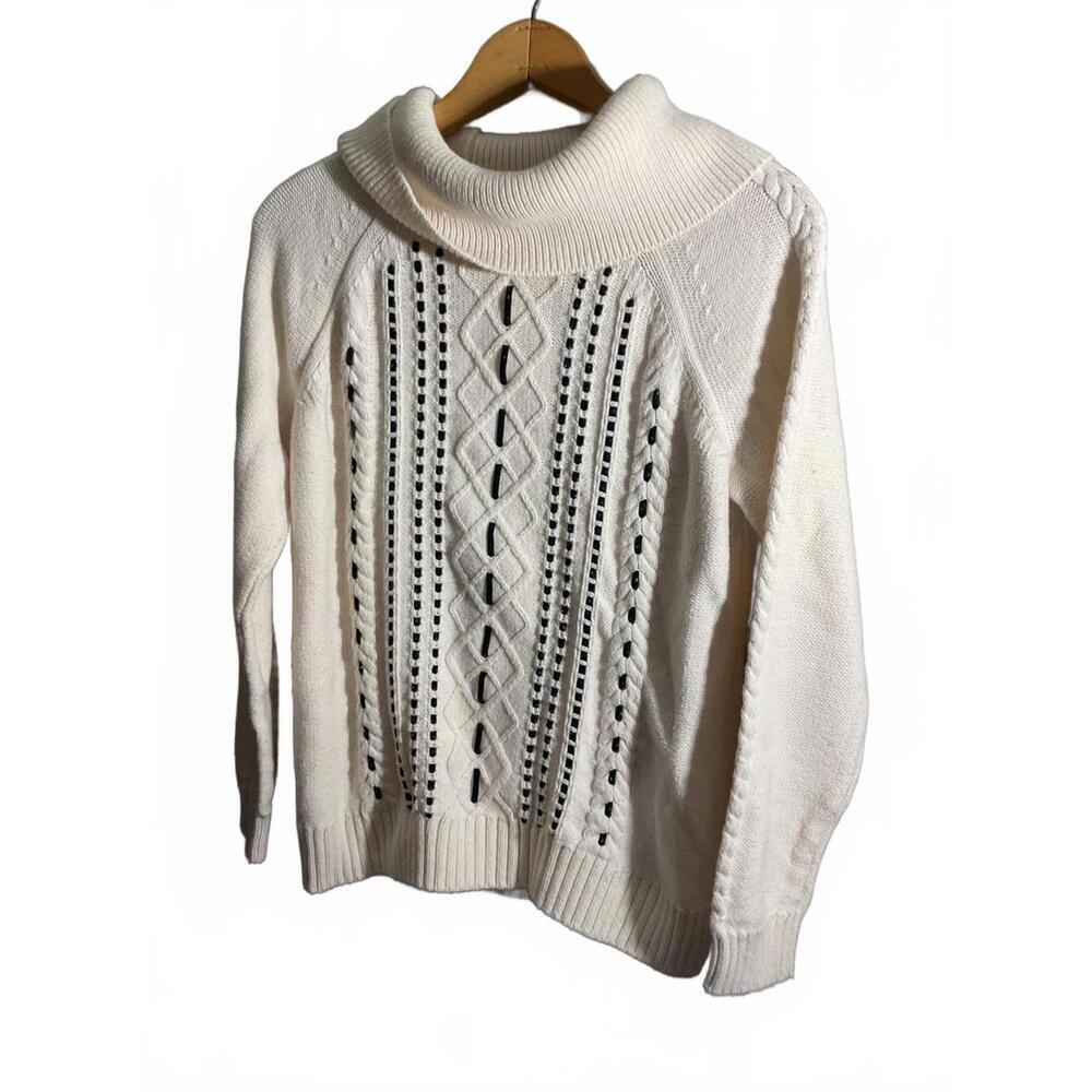 Talbots White Women's Turtleneck Sweater with Ribbon and Cable Knit Detail MP